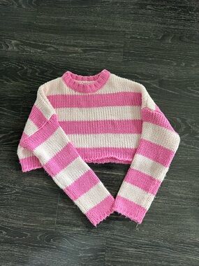 Edikted Pink & Cream Striped Cropped Crew Sweater